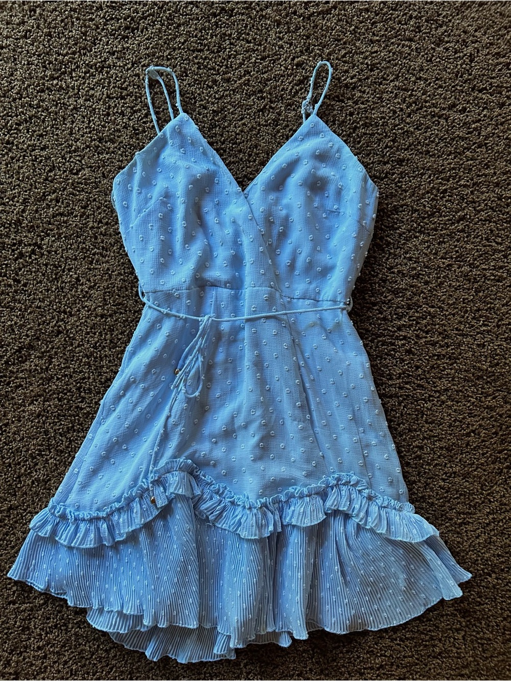 Light Blue Swiss Dot Ruffle Mini Dress with Tie Waist